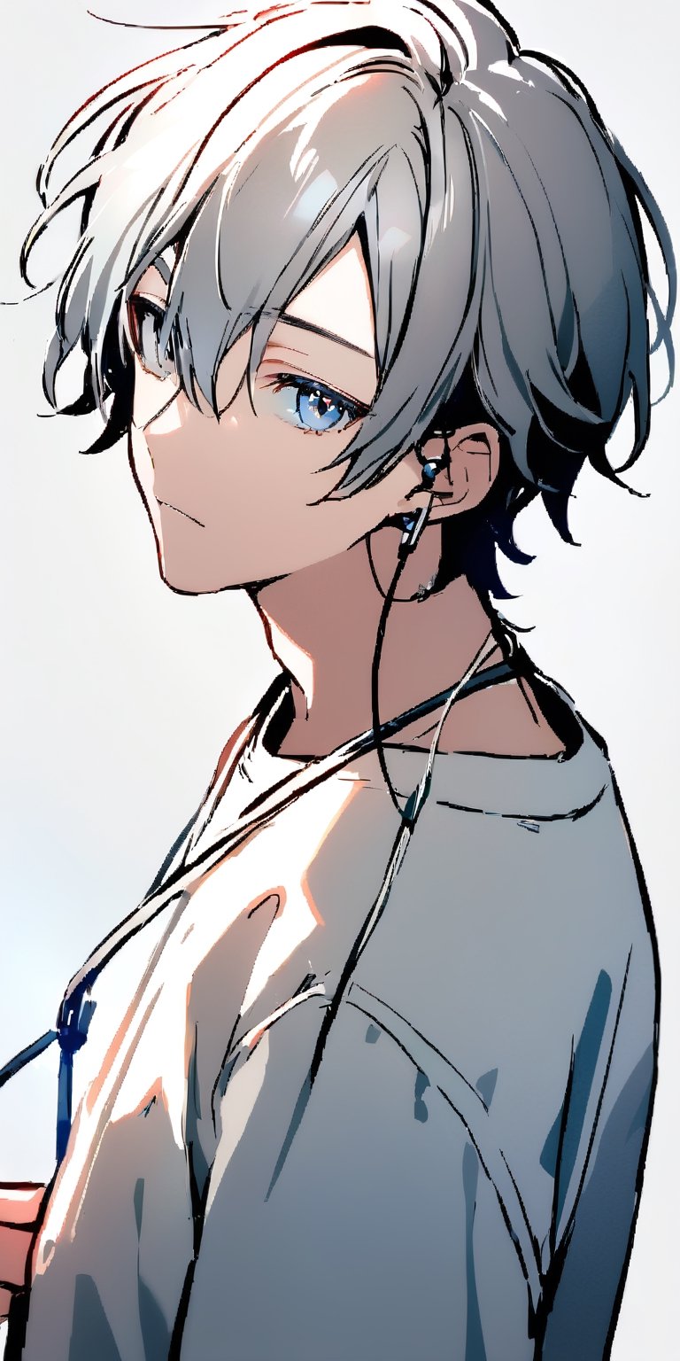 looking at viewer, short hair, blue eyes, simple background, shirt, 1boy, holding, hair between eyes, closed mouth, white shirt, grey hair, male focus, grey eyes, earphones