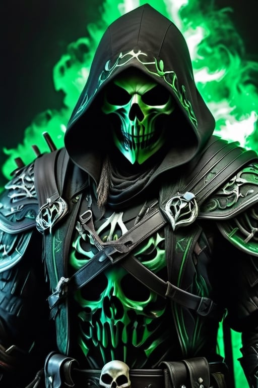 A sleek Modern Gaming Persona, The grim reaper dressed as a rogue from Dungeons of dragons, bold colors of black and green, wearing a rogue type mask, black background, Dramatic lighting, Hyper resolution, Insanely detailed, HD, Hyper detailed, Batik, 10k photo realism, Full body rendition holding two original obsidian daggers, Datamoshing style, Assassins Creed Inspired, Assassins Creed Rogue inspired, Grim Reaper inspired, World of Warcraft undead rogue inspired, Hyper definition, insane detail, super realistic rendering, Black and Dark Green outfit, Hyper detailed Skull, incredibly defined skull, Incredible outfit detail, superior outfit detail rendering, Hyper realistic design, HD Outfit resolution, Super rare outfit design, Hyper Photo realism, Photo taken by a Canon EOS Rebel SL3 Digital SLR Camera, The reaper should be holding an original M4 with a supernatural influence,