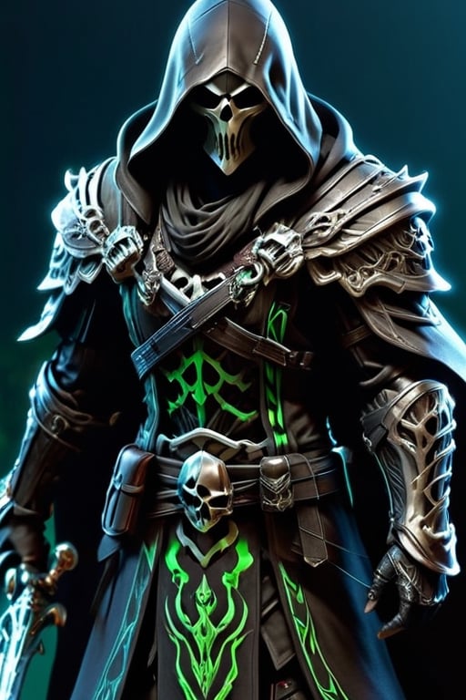 Create a cutting-edge full body gaming persona featuring the Grim Reaper embodying a rogue persona from Dungeons & Dragons. ((The reaper should be holding an original M4 that is made from Grim Reaper’s realm)), He should be in a battle ready stance, The reaper should be in a rogue outfit with the styling aspects of Assassins Creed and World of Warcraft. (A rendering of The Grim Reaper Rogue character should be holding an original M4 inspired by the Grim Reaper’s persona). Wearing black and green set against a simple background, employing dynamic lighting. hyper-realistic 10k resolution, The Reaper should sport a rogue type outfit and attire reminiscent of Assassin's Creed Rogue and World of Warcraft undead rogues, incorporating meticulously detailed skulls and clothing. the design executed in a datamoshing style for a unique twist. Take inspiration from Assassins Creed and WoW for the design elements. The photo should be taken by a Canon EOS Rebel SL3 Digital SLR Camera for optimal quality. Hyper HD resolution, impeccably insane detail design, Skulls should be clear and highly detailed, impeccably detailed outfit rendering, ominous atmosphere, real engine 5,