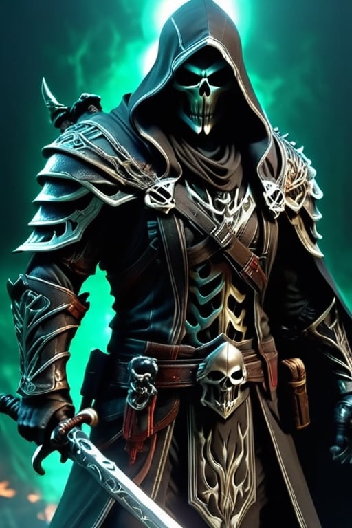 Create a cutting-edge full body gaming persona featuring the Grim Reaper embodying a rogue persona from Dungeons & Dragons. ((The reaper should be holding an original M4 that is made from Grim Reaper’s realm)), He should be in a battle ready stance, The reaper should be in a rogue outfit with the styling aspects of Assassins Creed and World of Warcraft. (A rendering of The Grim Reaper Rogue character should be holding an original M4 inspired by the Grim Reaper’s persona). Wearing black and green set against a simple background, employing dynamic lighting. hyper-realistic 10k resolution, The Reaper should sport a rogue type outfit and attire reminiscent of Assassin's Creed Rogue and World of Warcraft undead rogues, incorporating meticulously detailed skulls and clothing. the design executed in a datamoshing style for a unique twist. Take inspiration from Assassins Creed and WoW for the design elements. The photo should be taken by a Canon EOS Rebel SL3 Digital SLR Camera for optimal quality. Hyper HD resolution, impeccably insane detail design, Skulls should be clear and highly detailed, impeccably detailed outfit rendering, ominous atmosphere, real engine 5, The reaper should be holding an original M4 that is made from Grim Reaper’s realm,