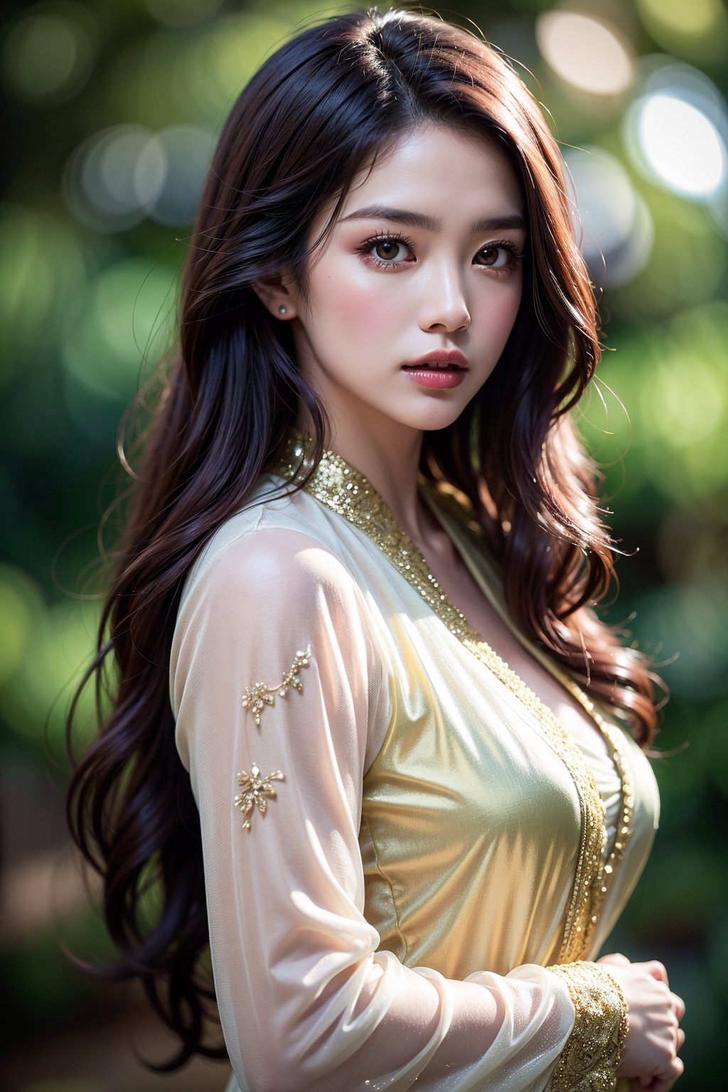 Create a photorealistic masterpiece of a beautiful woman with long hair wearing traditional Indonesian kebaya attire. Set her against a dark, forest backdrop with a captivating glow in the background and bokeh effect. Ensure the image quality is 8K with ultra-realistic details.,kebaya,kebaya indonesia