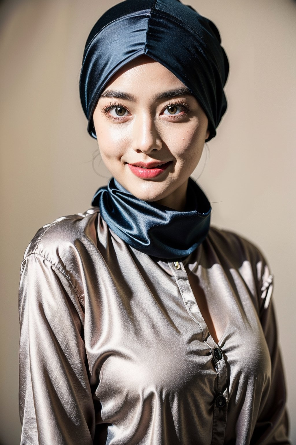 Masterpiece, realistic, best quality, best lighting, 1 girl photo solo, beautifully makeup, eyeshadow, Parted Lips, Detailed Eyes, beautiful big eyes, long eye lashes, smile, wearing ((Dark blue satin headscarf)), loosely tide hijab style, ((Taupe satin shirt)), satin long skirt,