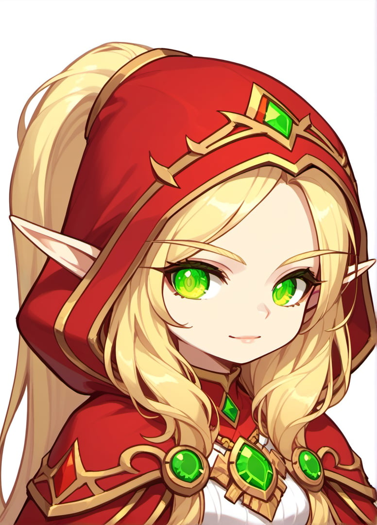 score_9, score_8_up, score_7_up, masterpiece,original,upper body,portrait,(white background,blank white background:1.1),1girl,  Valeera Sanguinar ,warcraft,solo, blonde hair, long ponytail, green eyes, long eyebrows, pointy ears, glowing eyes, red hood, maplestory_style,