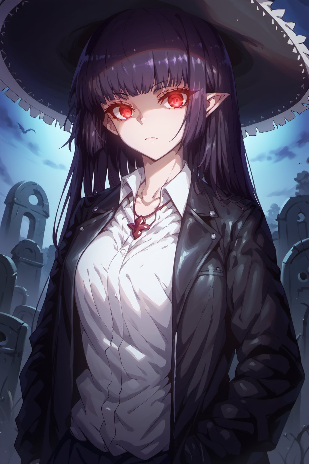  score_9, score_8_up, score_7_up, score_6_up, score_5_up, score_4_up,masterpiece,1 girl,(big black Mexican sombrero,Dark purple hair,:1.2),sana sunomiya,sana sunomiya,bangs, red eyes, hime cut, (long hair:0.8)ringed eyes, shirt,Collared shirt ,long sleeves, necklace,Black leather jacket,White shirt,Pointed ears,/aya_phimosis,phimosis,Glowing eyes,Graveyard background,looking at viewer,night,