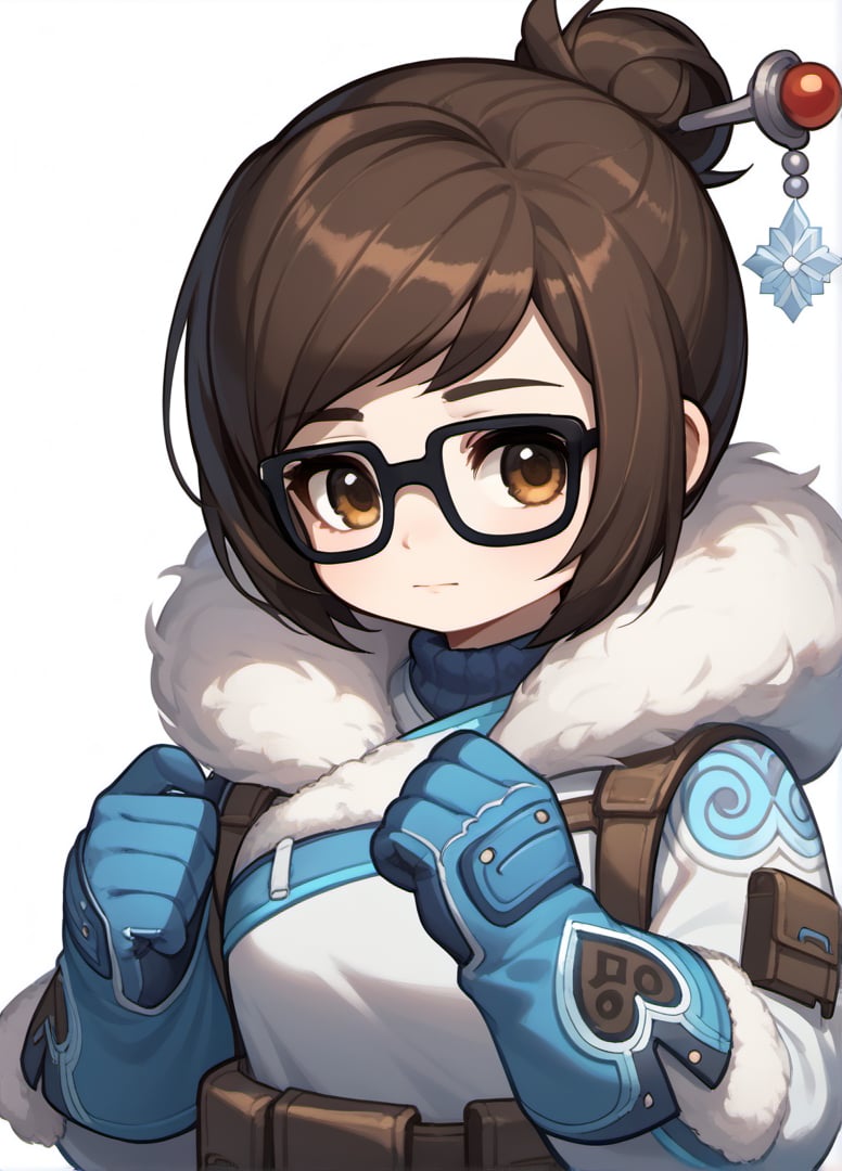 score_9, score_8_up, score_7_up, masterpiece,original,upper body,portrait,(white background,blank white background:1.1),1girl,solo,mei_ow, brown eyes, brown hair, short hair, hair sitck, hair bun, sidelocks, swept bangs, black-framed eyewear, fur-trimmed jacket, long sleeves, belt pouch, utility belt, blue gloves, winter clothes, parka, fur trim, beads,maplestory_style,