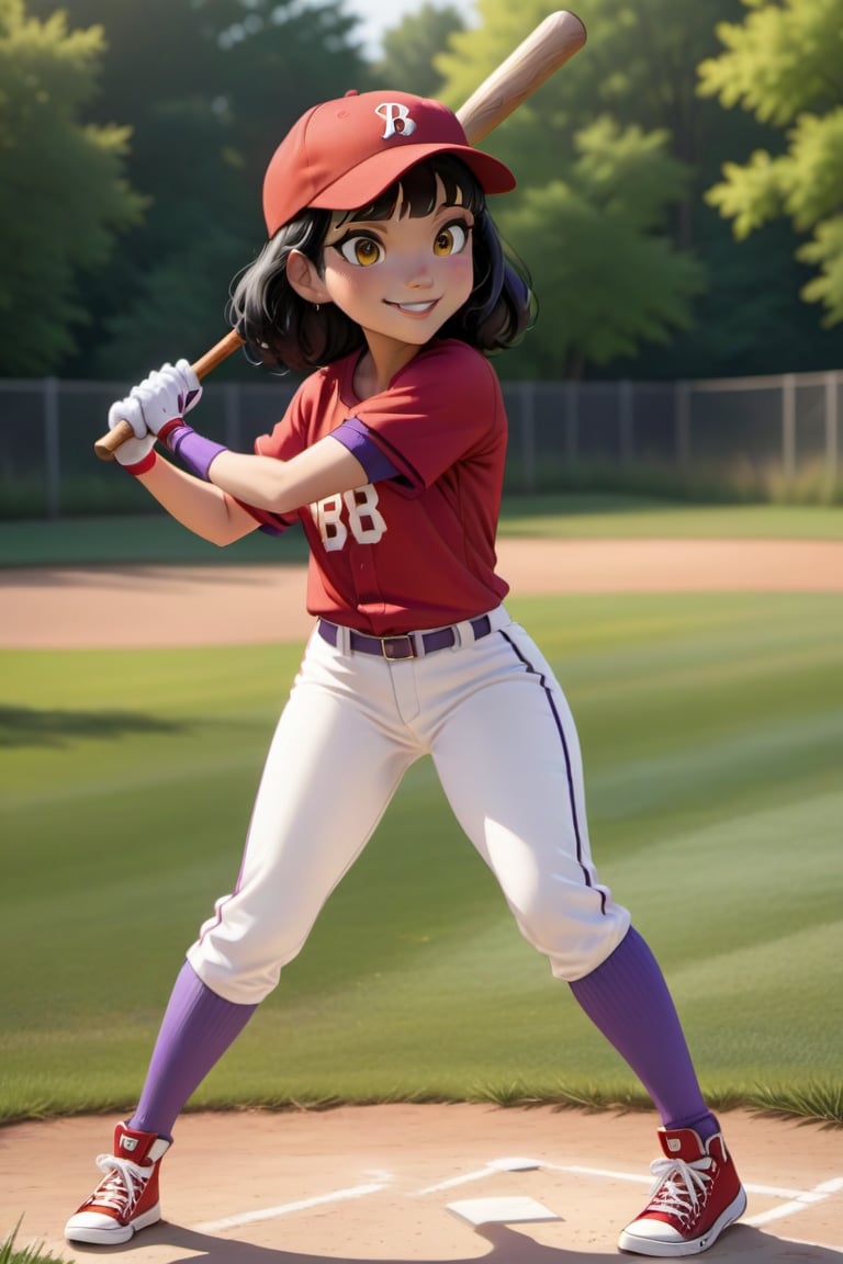 smiling, medium-length black hair, styled in a playful manner, red baseball cap, sports attire, red baseball jersey with a "B" emblem, white pants, red socks, purple wristbands, white and purple sneakers, holding a baseball bat, ready to swing, energetic stance, looking at the camera with a confident gaze, bright and lively color palette, animated outdoor baseball field, evening light with soft shadows, vibrant and dynamic atmosphere, front view, clear focus on the character, well-balanced exposure. 8K