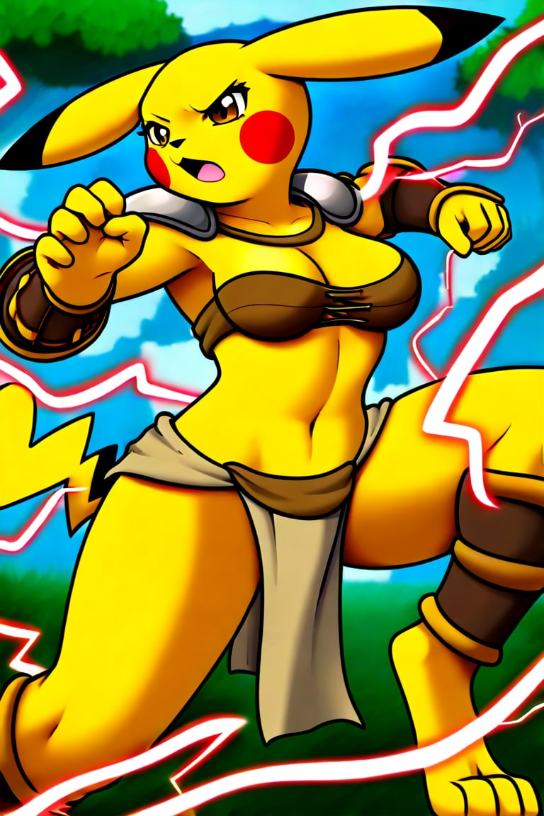 1girl, solo, solo_focus, furry_female, Pikachu_(Pokémon), yellow_fur, brown_eyes, medium_breasts, clothed, loincloth, topwear, armor, impractical_armor, tribal, Furry Mix, outdoor, outdoors, outside, action_pose, electricity