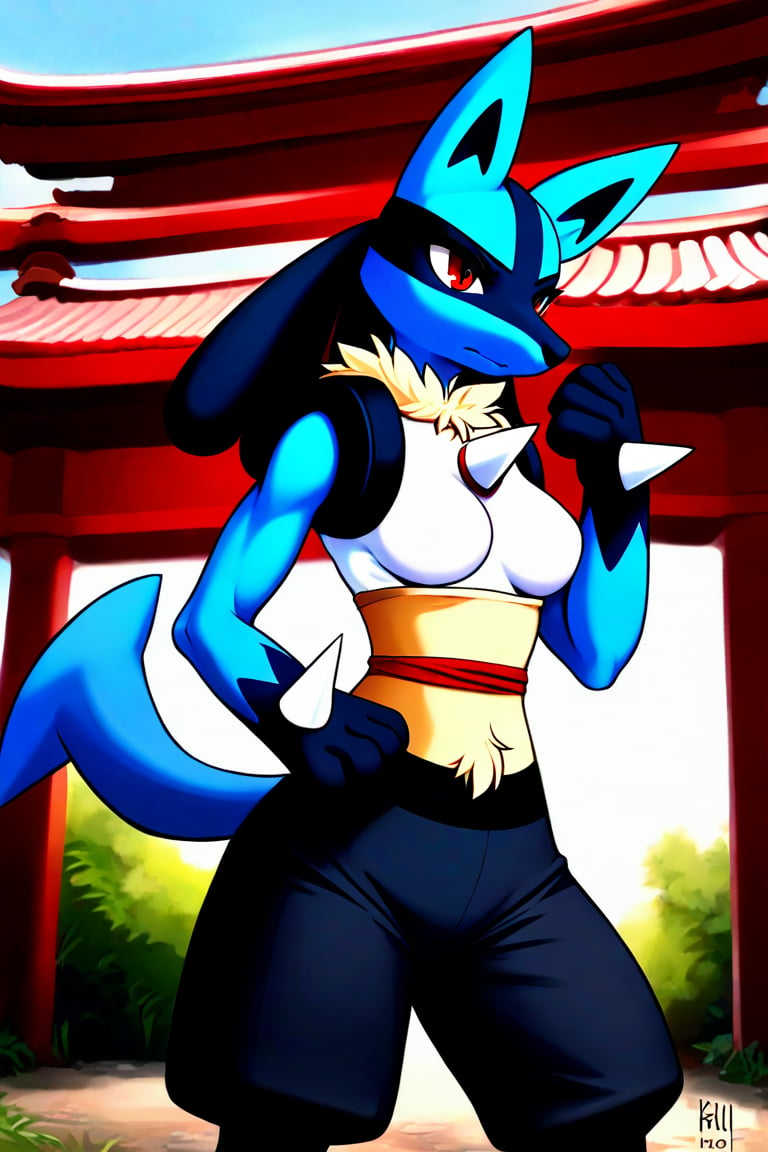 1girl, solo, solo_focus, solo_female, furry_female, canine, anthro_canine, lucario, LucarioXL, blue_fur, red_eyes, black_hair, medium_breasts, clothed, black_pants, sash, east_asian_clothing, Furry Mix, outdoor, outdoors, outside, battle_stance,