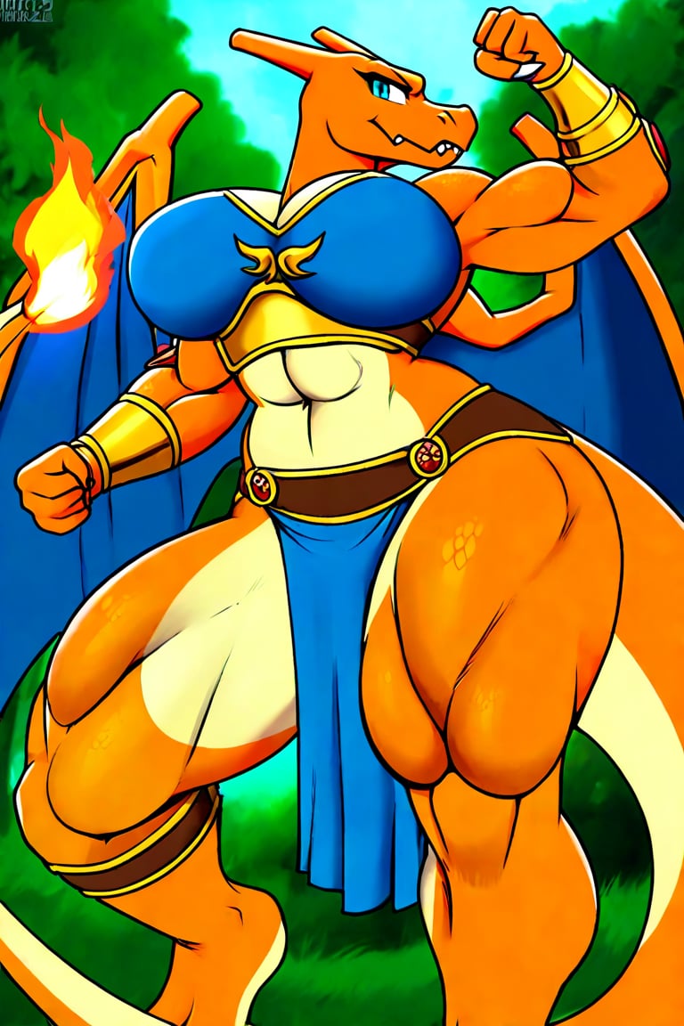 1girl, solo, solo_focus, furry_female, dragon, anthro_dragon, charizard, CharizardXL, orange_body, orange_scales, tail, wings, blue_eyes, big_breasts, muscular_female, clothed, loincloth, topwear, armor, impractical_armor, Furry Mix, outdoor, outdoors, outside, action_pose,