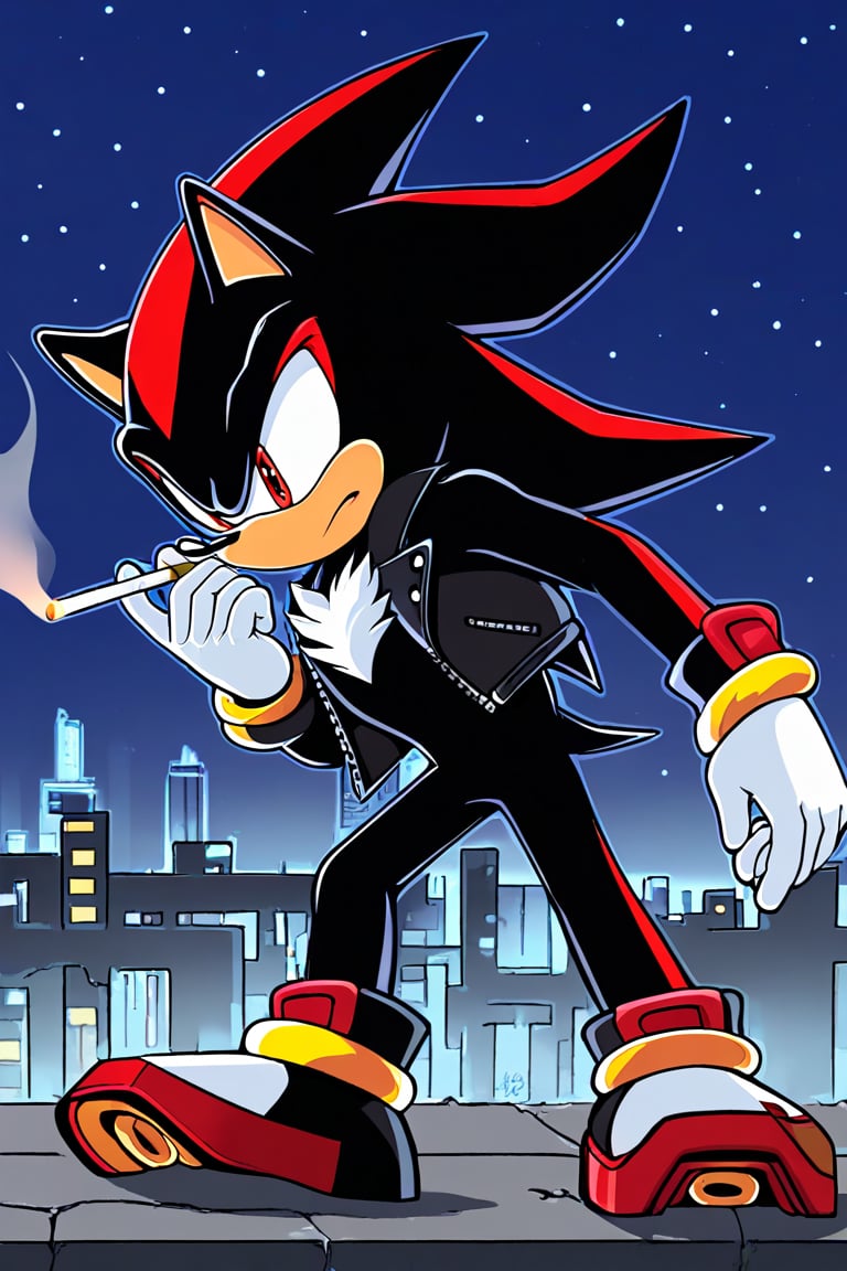 1boy, solo, solo_focus, furry_male, hedgehog, Shadow the hedgehog, shadow_the_hedgehog, black_fur, peach_skin, red_eyes, red_marking, clothed, leather_clothing, jacket, black_pants, white_topwear, red_boots, outdoors, outside, cityscape, city, night, midnight, holding_object, cigarette, 