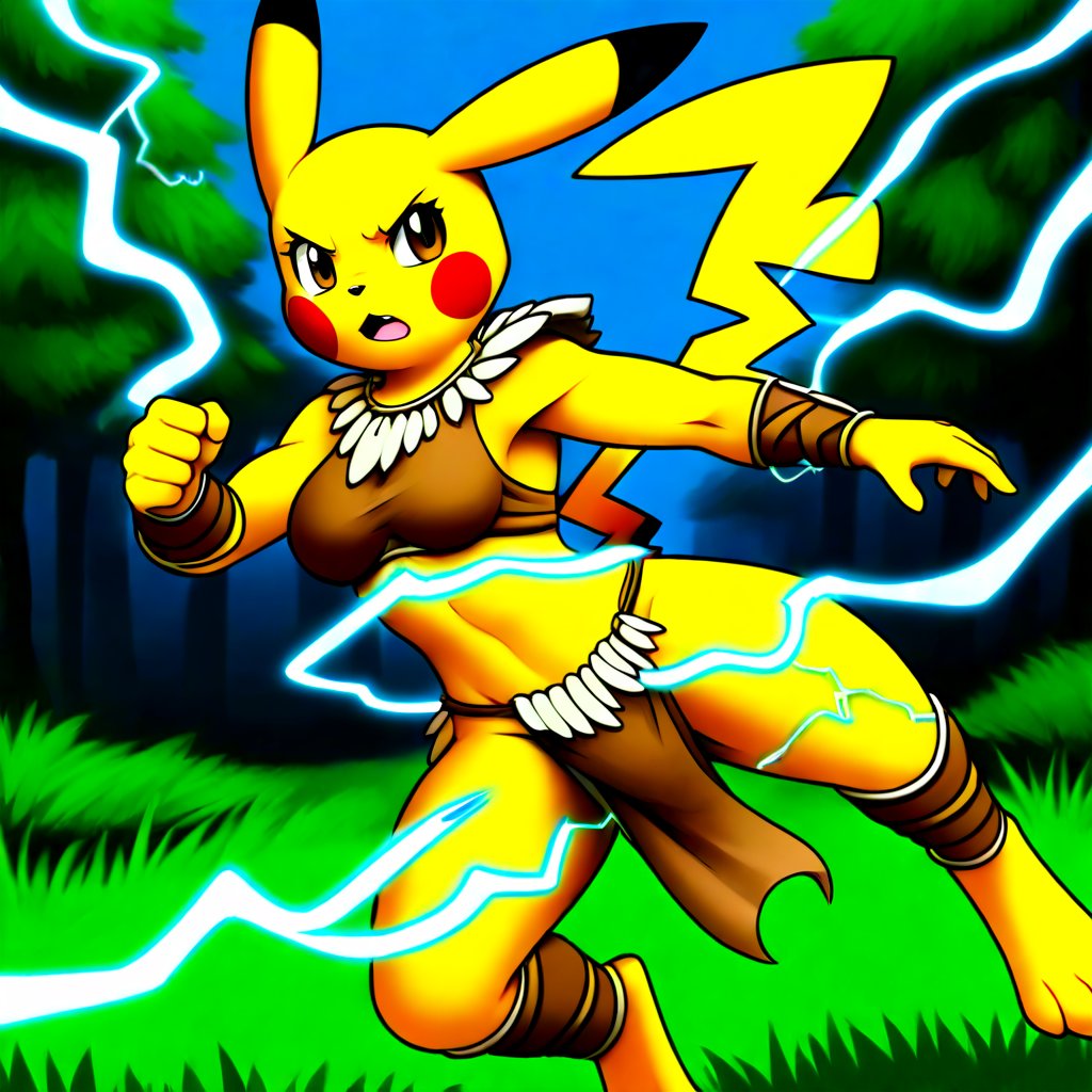 1girl, solo, solo_focus, furry_female, Pikachu_(Pokémon), yellow_fur, brown_eyes, medium_breasts, clothed, loincloth, topwear, armor, impractical_armor, tribal, Furry Mix, outdoor, outdoors, outside, action_pose, electricity