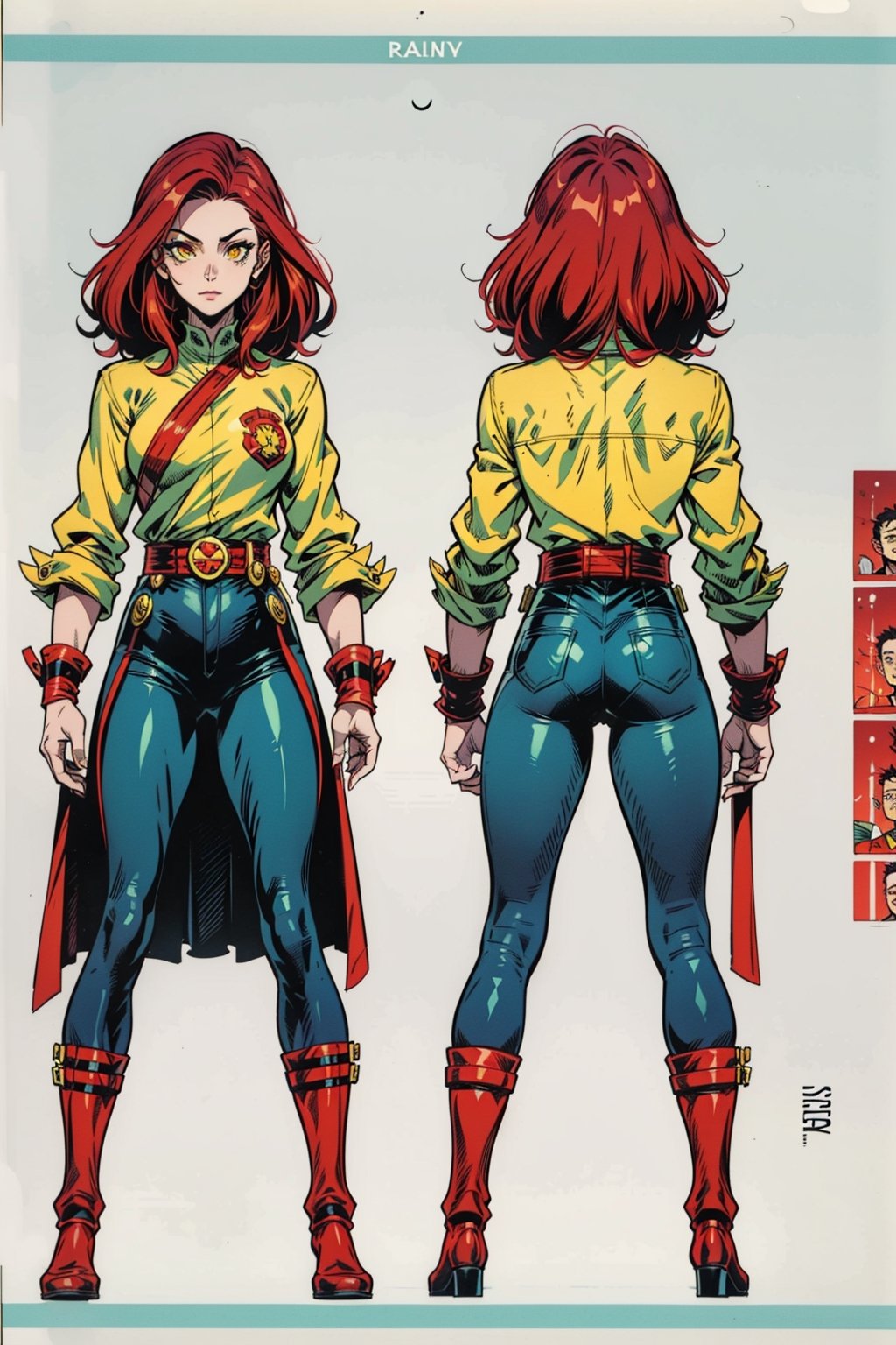 Model sheet from Official Handbook of the Marvel Universe (Master Edition): used for three views (front, side and back). 1girl, warrior, Red Hair, Yellow eyes, urban clothing dark, green shirt, black pant, red shoes, White aura, magician.