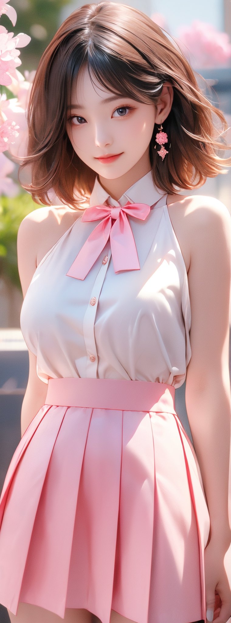 jk suit, white shirt, pinkbow, bowtie,skirt,pink pleated skirt, ((Masterpiece, best quality, ultra details, 8k, HDR)) big eyes, big_breast, bobbed hair, A 30-year-old Japanese beauty, super detailed skin, 1girl, solo, browneye, in the sakura flowers, cuteface, the gentle eyes of a woman, friendly face, realistic, Bob hair, beautifulface, smile, Short hair that goes over your shoulders. double Armpits open, a fairy face, Turn slightly, face looks like a puppy