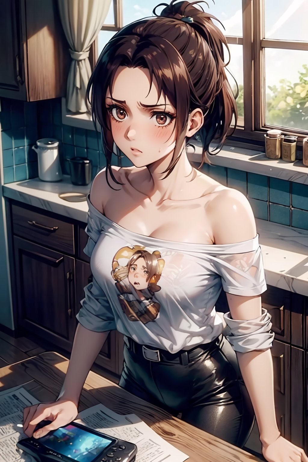 masterpiece,best quality,ultra-detailed,8K,High detailed, a brown haired girl, brown eyes, long tussled hair, tired, sexy, cute, skimpy,(white off the shoulder tshirt with video game print),(hange zoe from attack on titan) black leggings, delicate, mordern, in the kitchen, at a table, morning after, blush, shy,1girl,HangeAOT,Color magic