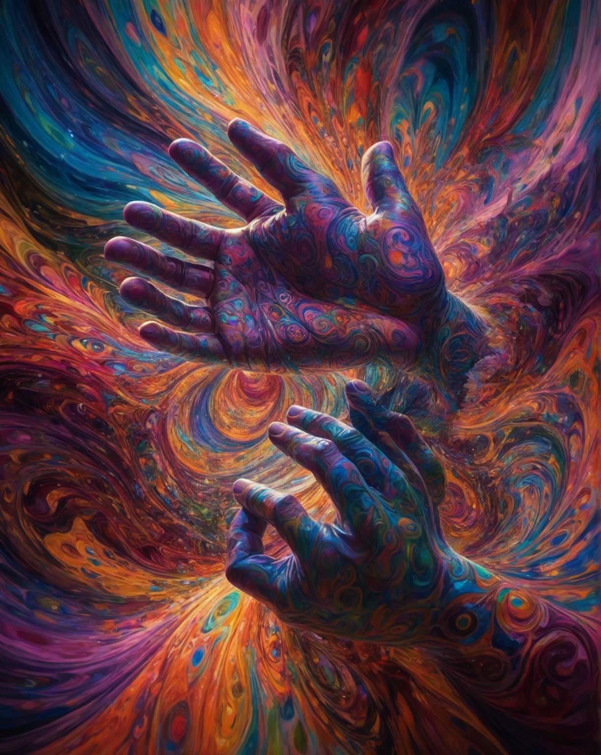 The image of god hand in a psychedelic surrealism style features swirling, vibrant colors that blend together in a dreamlike manner. god hand figure is distorted and elongated, with exaggerated features that seem to morph and shift before the viewer's eyes. The composition is chaotic yet balanced, with a sense of movement and energy that pulls the viewer into the surreal world of the image. The lighting is intense and dramatic, casting deep shadows and highlighting the surreal elements of the scene. Overall, the image captures a sense of otherworldly beauty and mystique, drawing the viewer into a mesmerizing and hypnotic visual experience.