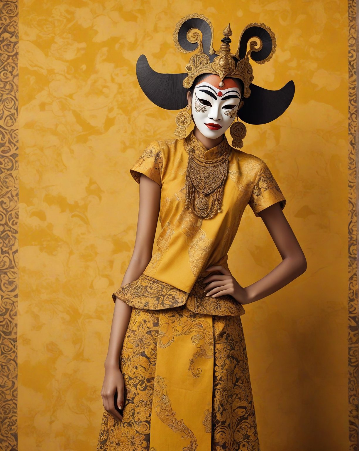 large format photo of a girl with wayang mask, (wearing batik) with minimalism style, full body, yellow minimalism background, hard light, (eye level : 1.2), Aaton LTR with a 50mm lens, in style of Martin Schoeller
