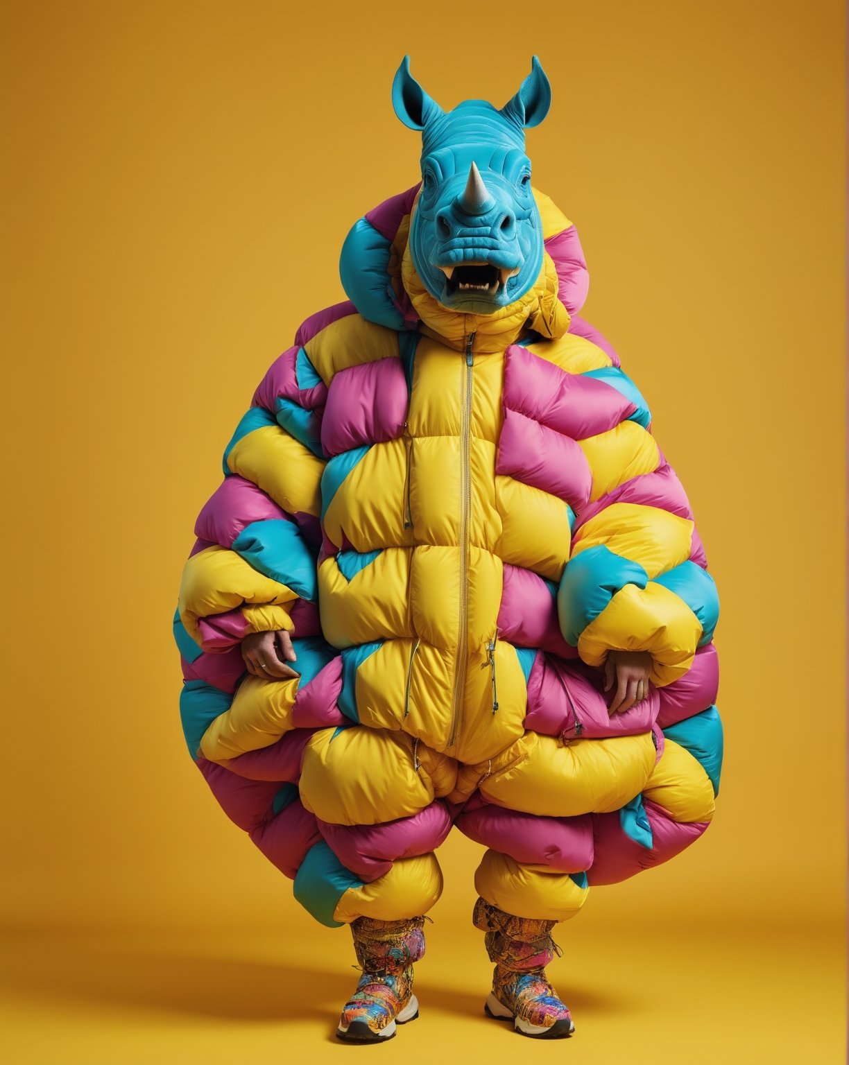 large format photo of a head rhino person, wearing psychedelic puffer and short pants, full body, yellow studio background, hard light, (eye level : 1.2), Aaton LTR with a 50mm lens, in style of Martin Schoeller