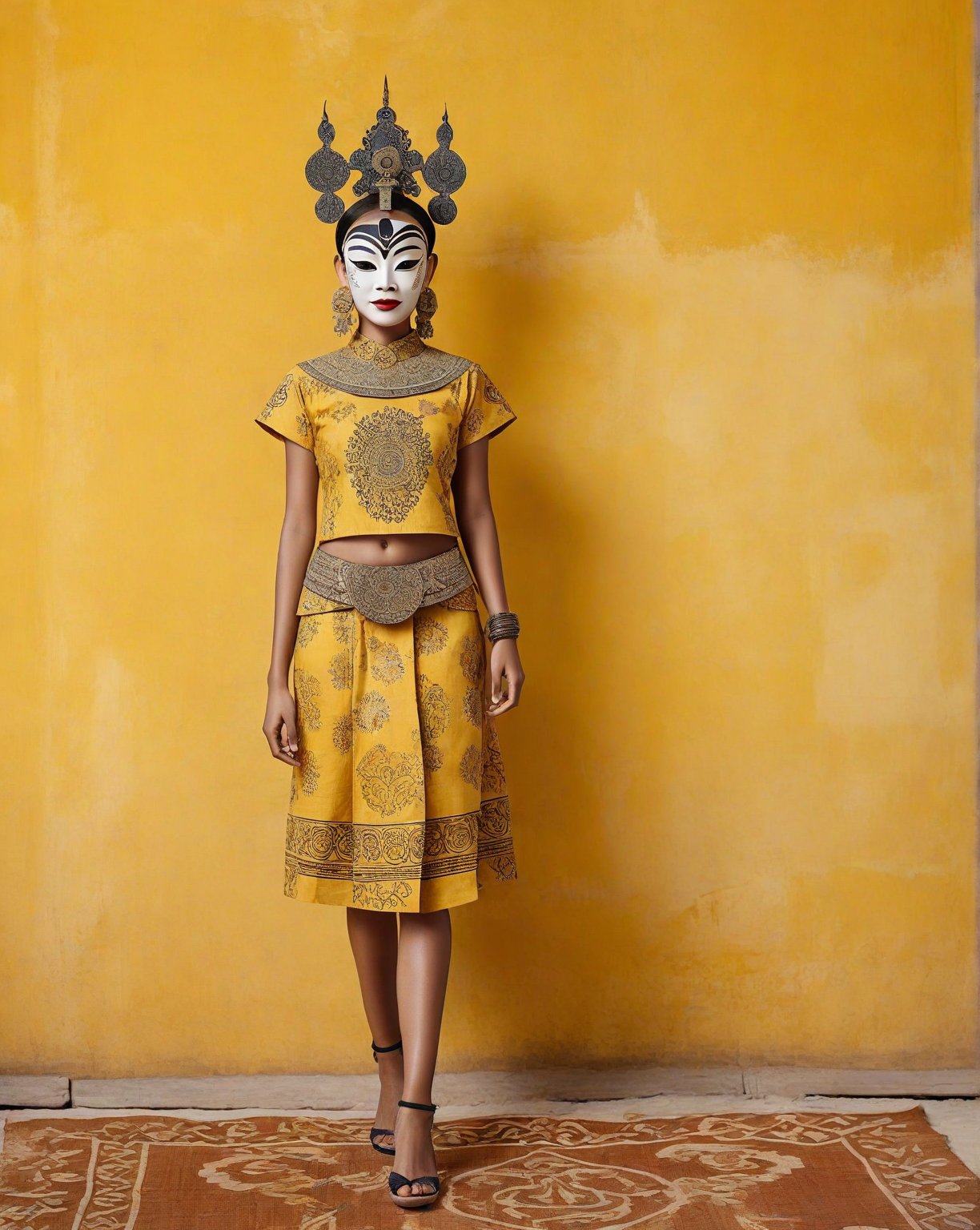 large format photo of a girl with wayang mask, (wearing batik) with minimalism style, full body, yellow minimalism background, hard light, (candid, : 1.2), Aaton LTR with a 50mm lens, in style of Martin Schoeller