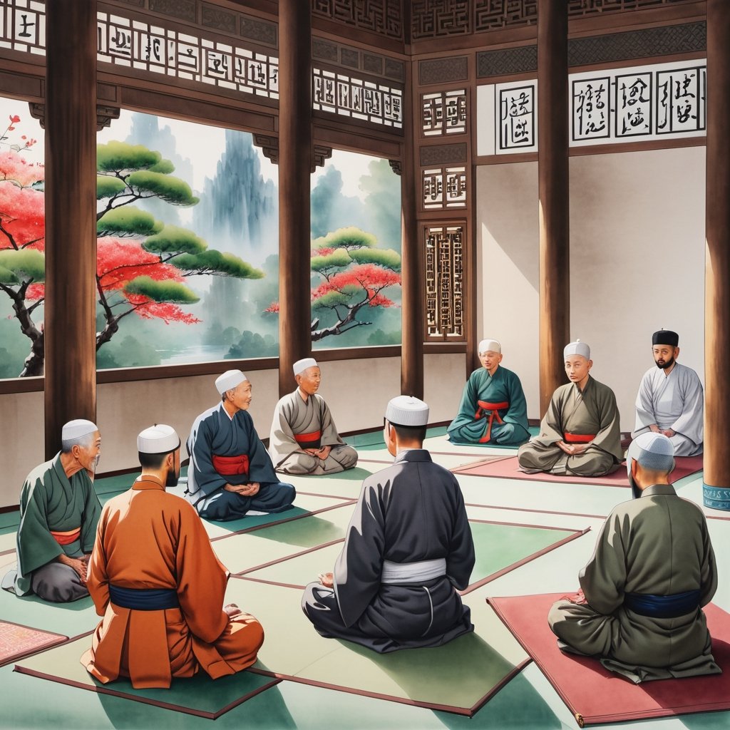 The students sit around the kiai or teacher during lessons, then they listen to the teacher's explanation, The camera focuses on the teacher, The teacher appears elderly, wise, serene, and pleasant, Background at mosque indoor,ChineseWatercolorPainting