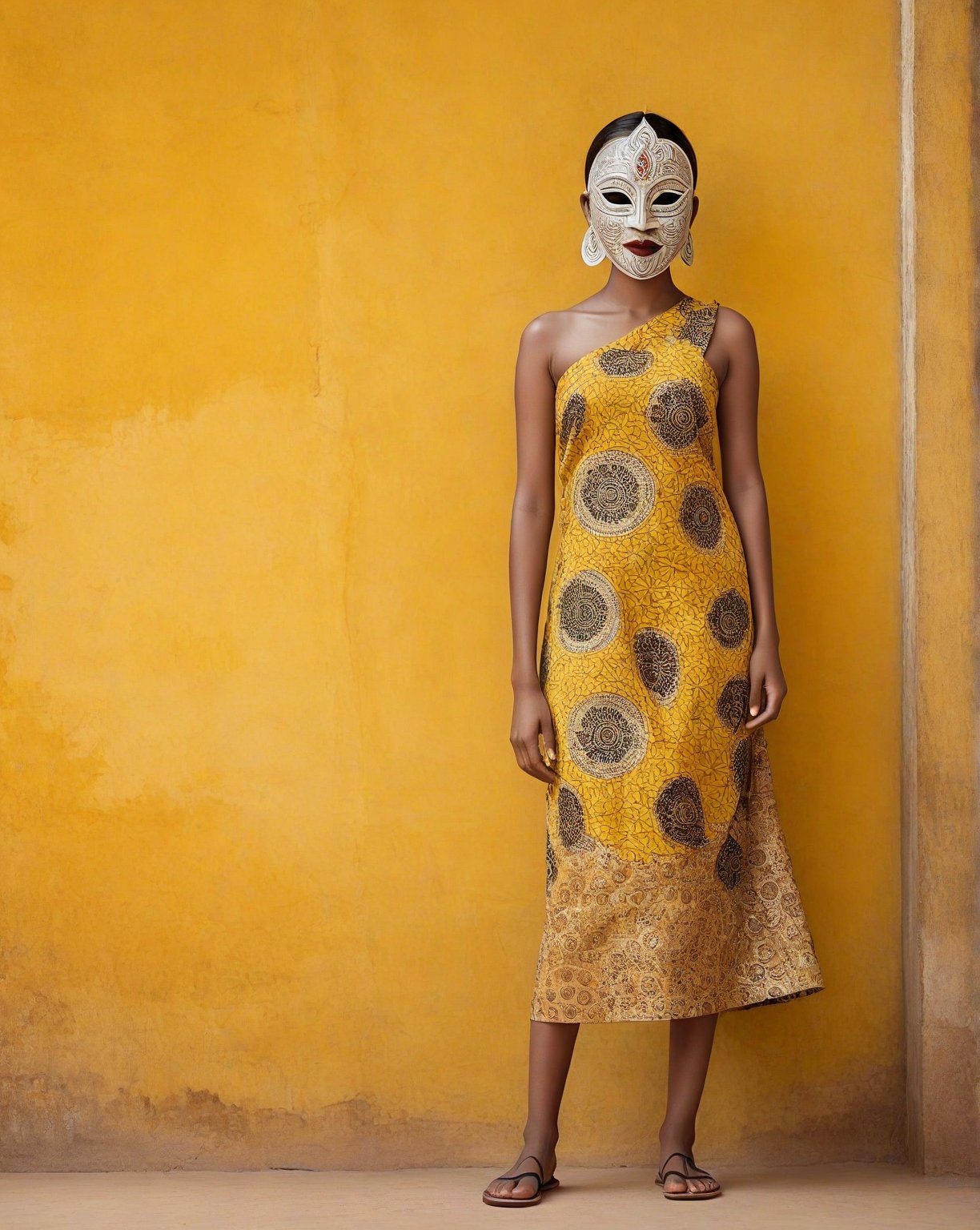 large format photo of a girl with srikandi mask, (wearing batik) with minimalism style, full body, yellow minimalism background, hard light, (candid, : 1.2), Aaton LTR with a 50mm lens, in style of Martin Schoeller