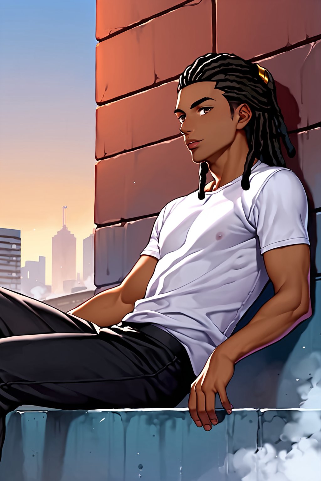 score_9, score_8_up, score_7_up, score_6_up, masterpiece, absurdres, intricate details, brown skin, brown eyes, black hair, (((dreadlocks))), full lips, shujin academy uniform, relaxing, male focus, 1boy, solo, anime coloring, dark purple sky, fog, building, outdoors, official style, shirt, 