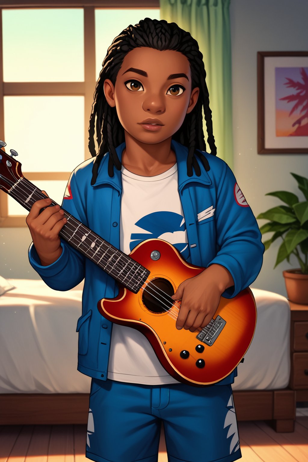 score_9, score_8_up, score_7_up, score_6_up, score_5_up, score_4_up, human, human boy, solo, blue white shirt, blue jacket, blue shorts, Guitar, Hawaii, realistic, bedroom, day, full lips, high cheekbones, 
standing, long dreadlocks, child, looking at viewer,perfect finger,hand,dark skin, brown eyes, black hair, LiloLSXL