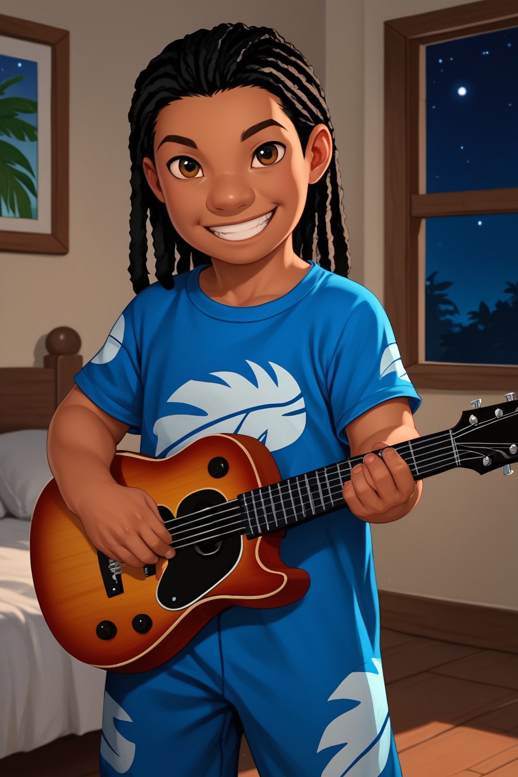 score_9, score_8_up, score_7_up, score_6_up, score_5_up, score_4_up, human, human boy, solo, blue pajamas, Guitar, Hawaii, realistic, bedroom, night, standing, long dreadlocks, child, smile, looking at viewer,perfect finger,hand,dark skin, brown eyes, black hair, LiloLSXL