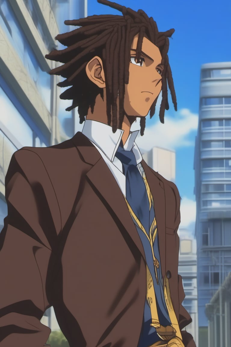 score_9, score_8_up, score_7_up, score_6_up, masterpiece, best quality, amazing quality, best aesthetic, absurdres, intricate details, detailed face,source_anime, (((dark skinned male))), brown skin, brown eyes, black hair,  (((dreadlocks))), blue jacket, male focus, 1boy, solo, anime coloring, sky, day, cloud, building, jacket, outdoors, official style, parody, school uniform, shirt, blue sky