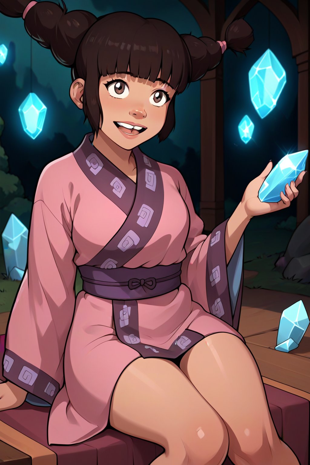 score_9, score_8_up, score_7_up, score_6_up, score_5_up, score_4_up,source_anime, 1girl,petite,Meng,buck_teeth,beige_skin,brown_eyes,kimono,sash,sitting, sexy pose,thighs,crystal cavern, glowing crystals, 1girl,Meng,masterpiece,cartoon