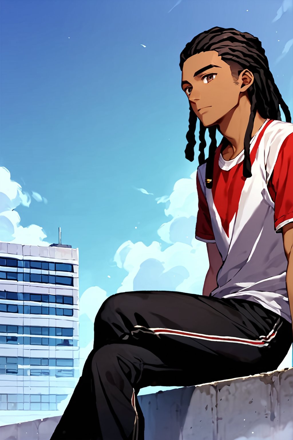 score_9, score_8_up, score_7_up, score_6_up, masterpiece, absurdres, intricate details, brown skin, brown eyes, black hair, (((dreadlocks))), shujin academy uniform, sitting, male focus, 1boy, solo, anime coloring, dark purple sky, fog, building, outdoors, official style, shirt, 