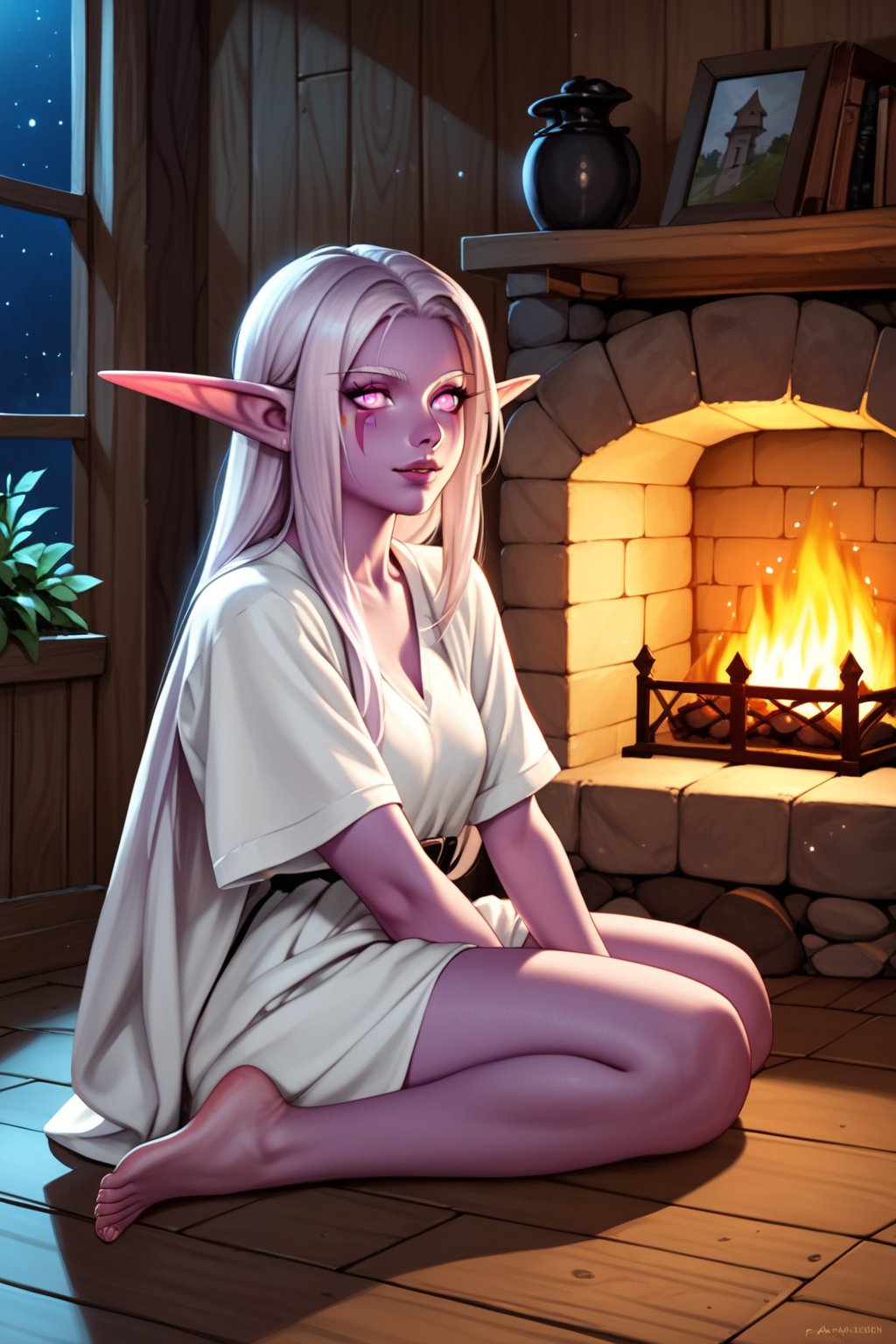 score_9, score_8_up, score_7_up, score_6_up, score_5_up, score_4_up,solo, night elf girl, colored_skin, purple_skin, pink_eyes, pale hair, realistic, indoors, cottage, ,night, fireplace,AddXL, anime style,Elf, pointy ears, black robes