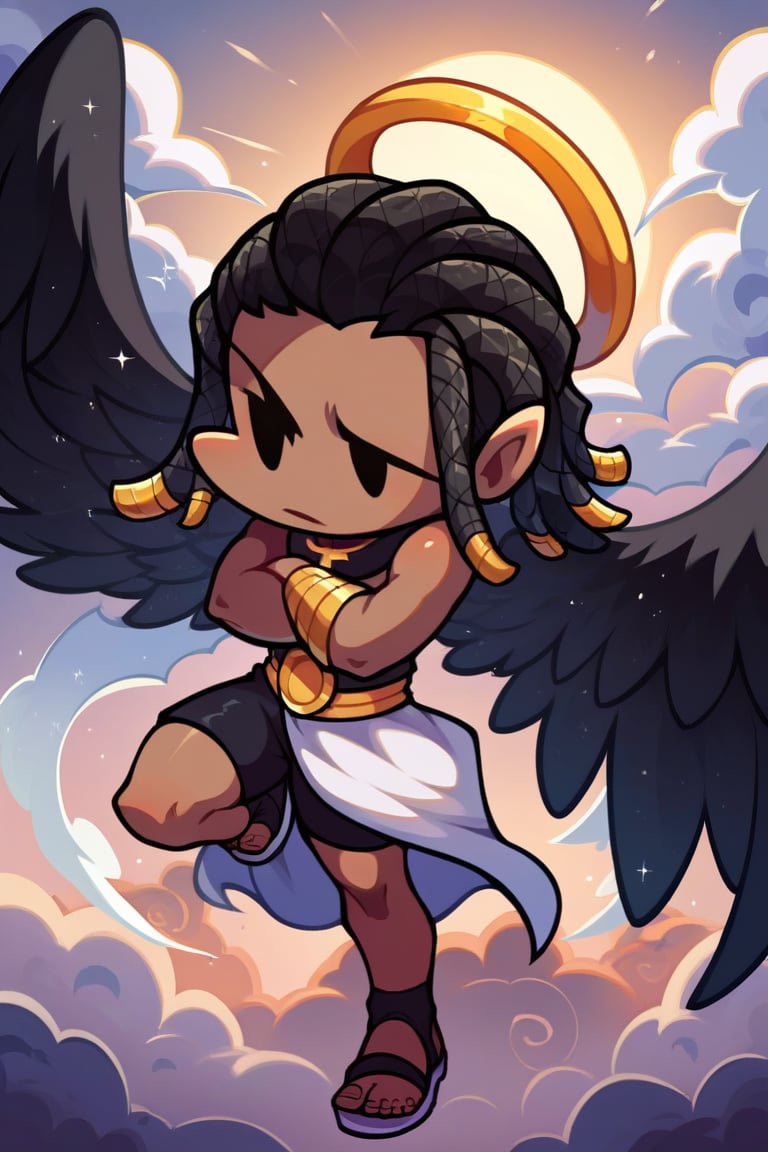 score_9, score_8_up, score_7_up, chibi, boy,solo, long black hair, (((dreadlocks))), dark skin, black eyes, black greek robes, toga, (((black angel wings, black wings))),sandals, (((blue halo))],heaven, clouds, golden buildings, detailed background, Friday night funkin style, 