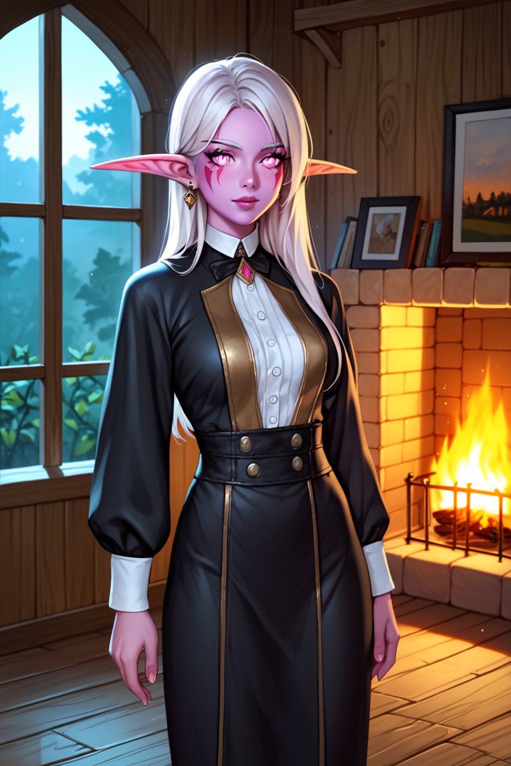 score_9, score_8_up, score_7_up, score_6_up, score_5_up, score_4_up,solo, night elf girl, colored_skin, purple_skin, pink_eyes, pale hair, realistic, indoors, cottage, ,night, fireplace,AddXL, anime style,Elf, pointy ears, black robes