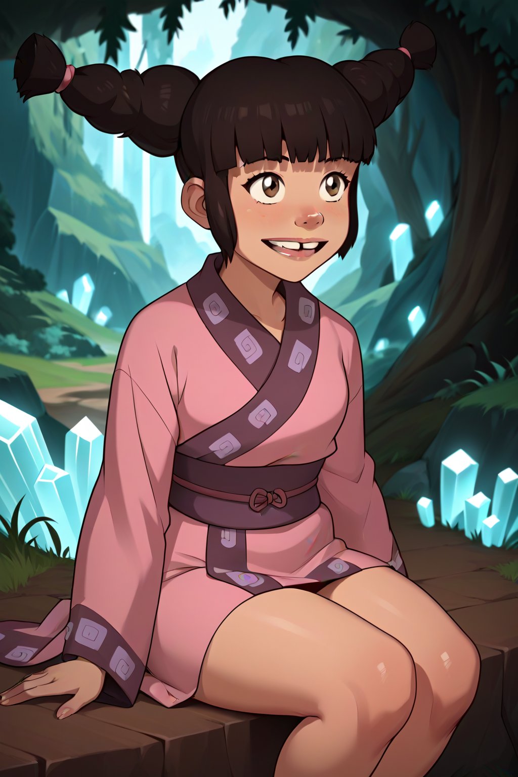 score_9, score_8_up, score_7_up, score_6_up, score_5_up, score_4_up,source_anime, 1girl,petite,Meng,buck_teeth,beige_skin,brown_eyes,kimono,sash,sitting,thighs,crystal cavern, glowing crystals, 1girl,Meng,masterpiece,cartoon