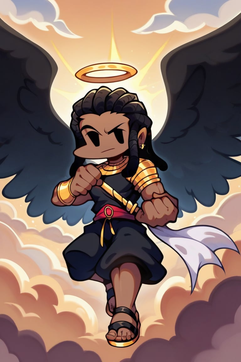 score_9, score_8_up, score_7_up, chibi, boy,solo, long black hair, (((dreadlocks))), dark skin, black eyes, black greek robes, toga, (((black angel wings, black wings))),sandals, (((blue halo))],heaven, clouds, golden buildings, detailed background, Friday night funkin style, 