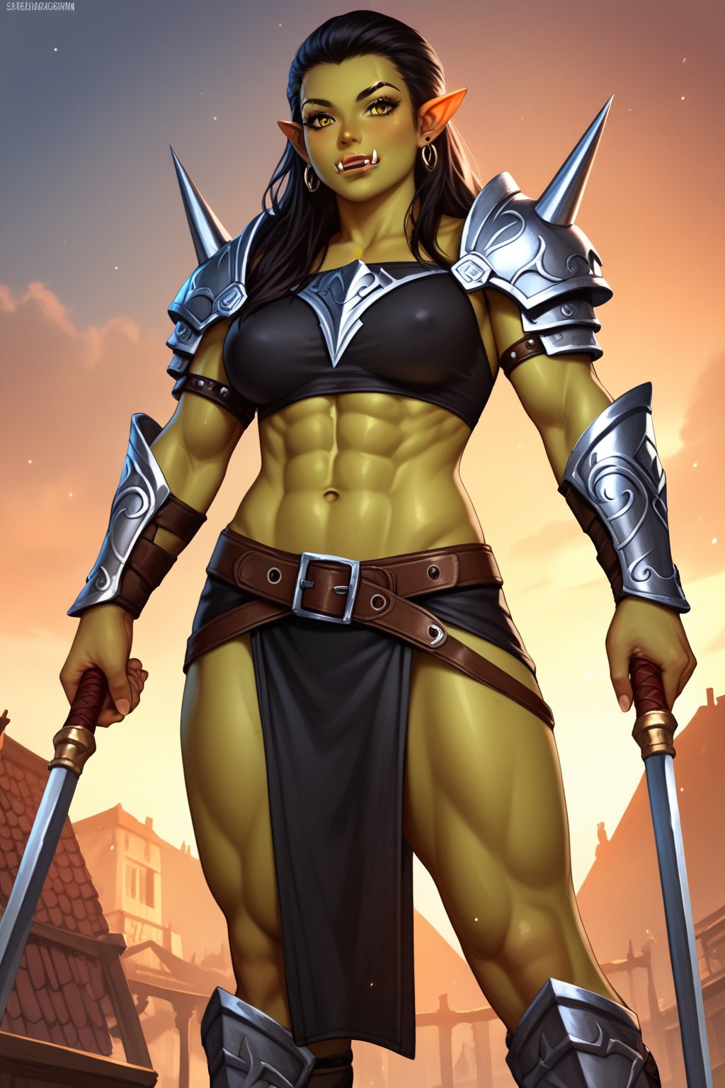 score_9, score_8_up, score_7_up, score_6_up, score_5_up, score_4_up,solo, orc girl, colored_skin, muscular, green_skin, yellow_eyes, dark hair, realistic, fantasy city, ,day,,AddXL, warrior robes, weapon, anime style,GoblinGrimgrim