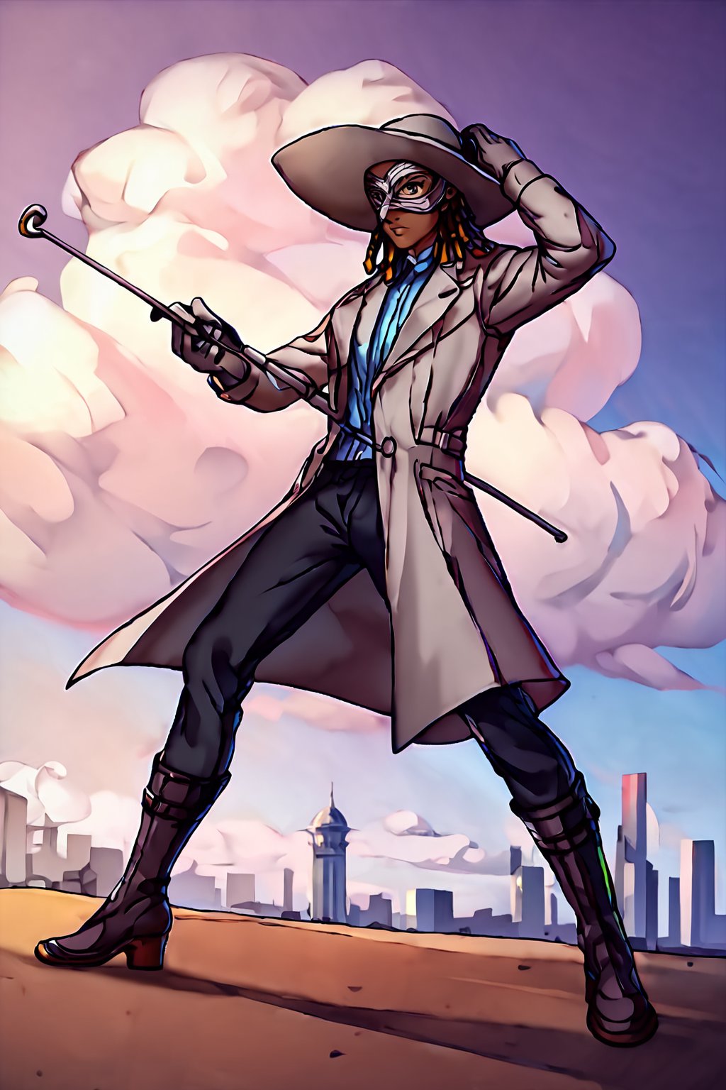 score_9, score_8_up, score_7_up, score_6_up, masterpiece, absurdres, intricate details, brown skin, brown eyes, black hair, (((dreadlocks))), (((stylish silver detective trench coat, (((silver venetian eye mask))), (((grey wide brimmed hat))), detective gloves, boots, silver cane))), fighting pose, male focus, 1boy, solo, anime coloring, purple sky, haze, cloud, building, outdoors, official style, shirt, full_body