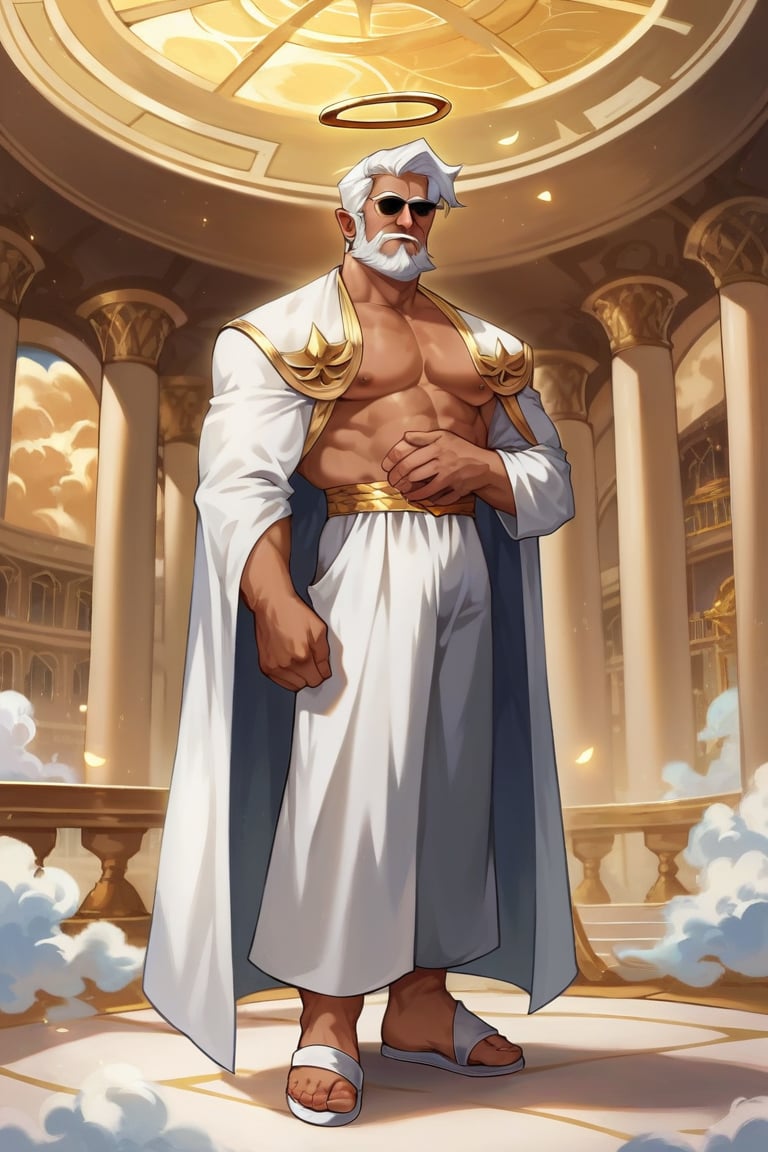 score_9, score_8_up, score_7_up, 1man, old man, solo, long white hair, long white beard, dark skin, black eyes, muscular, white robes, feathery cloak, sandals golden halo, heaven, clouds, golden buildings, GOD, detailed background, indoors, Friday night funkin style