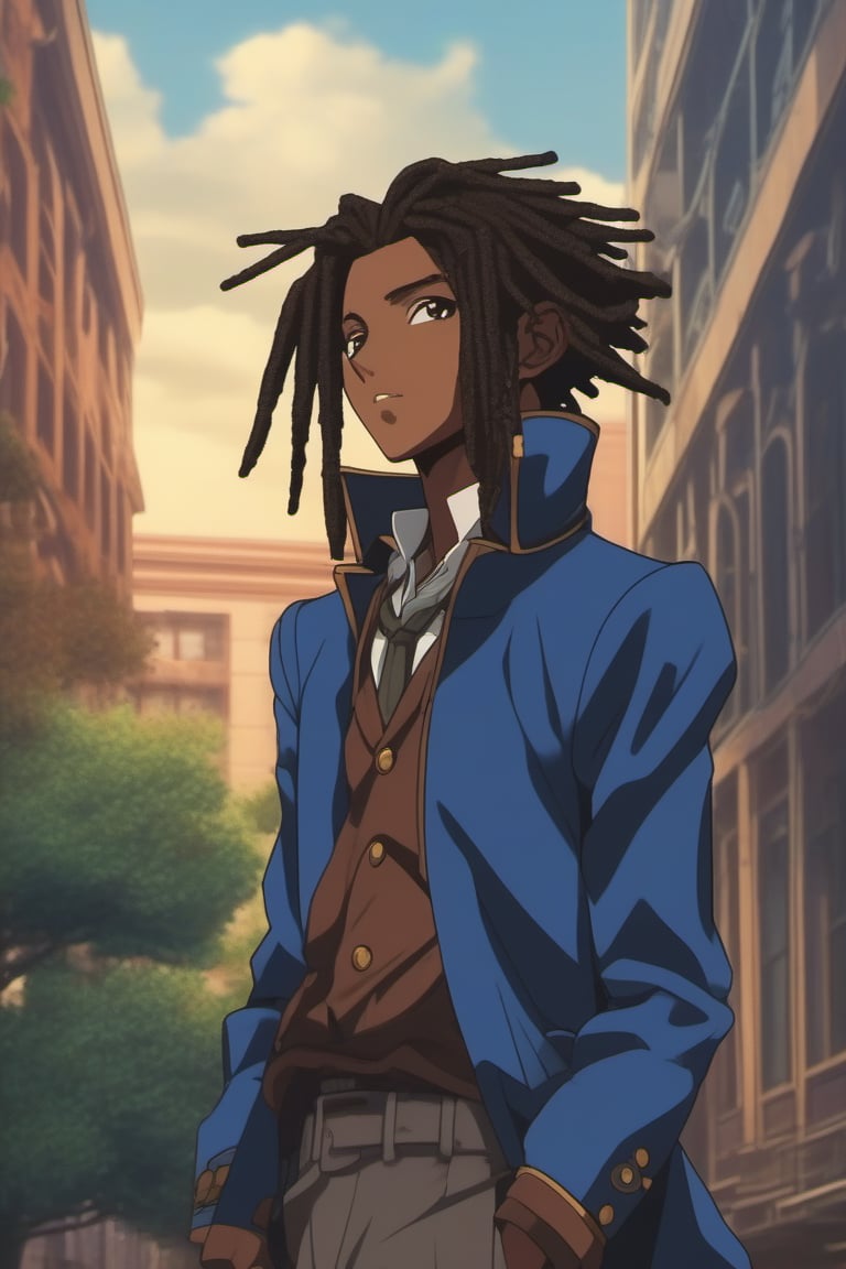 score_9, score_8_up, score_7_up, score_6_up, masterpiece, best quality, amazing quality, best aesthetic, absurdres, intricate details, detailed face,source_anime, (((dark skinned male))), brown skin, brown eyes, black hair,  (((dreadlocks))), blue jacket, male focus, 1boy, solo, anime coloring, sky, day, cloud, building, jacket, outdoors, official style, parody, school uniform, shirt, blue sky, full_body,