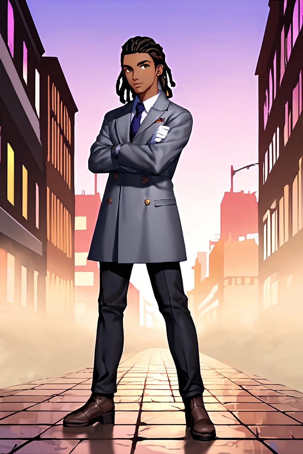 score_9, score_8_up, score_7_up, score_6_up, masterpiece, absurdres, intricate details, brown skin, brown eyes, black hair, (((dreadlocks))), (((stylish silver detective trench coat, (((silver venetian eye mask))), (((grey wide brimmed hat))), detective gloves, boots, (((silver cane))), fighting pose, male focus, 1boy, solo, anime coloring, dark purple sky, fog, building, outdoors, official style, shirt, full_body