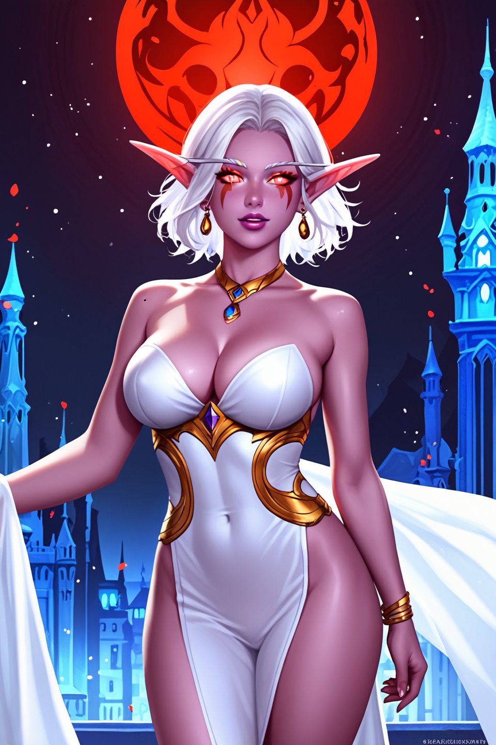 score_9, score_8_up, score_7_up, score_6_up, score_5_up, score_4_up,solo, night elf girl, colored_skin, purple_skin, red_eyes, pale hair, realistic, fantasy city, ,night,,AddXL, anime style,Elf, pointy ears, white robes,GoblinGrimgrim