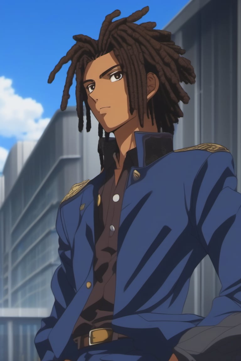 score_9, score_8_up, score_7_up, score_6_up, masterpiece, best quality, amazing quality, best aesthetic, absurdres, intricate details, detailed face,source_anime, (((dark skinned male))), brown skin, brown eyes, black hair,  (((dreadlocks))), blue jacket, male focus, 1boy, solo, anime coloring, sky, day, cloud, building, jacket, outdoors, official style, parody, school uniform, shirt, blue sky, full_body,