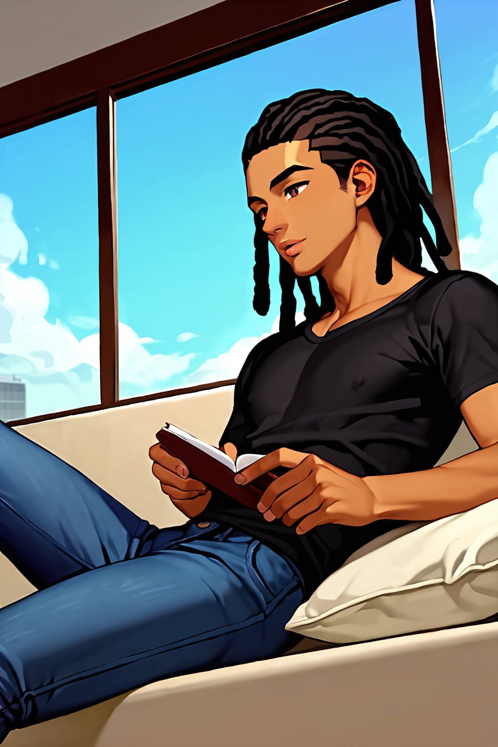 score_9, score_8_up, score_7_up, score_6_up, masterpiece, absurdres, intricate details, brown skin, brown eyes, black hair, (((dreadlocks))), full lips, black shirt,  blue jeans, relaxing, male focus, 1boy, solo, anime coloring, dark purple sky, fog, building, indoors, official style, shirt, 