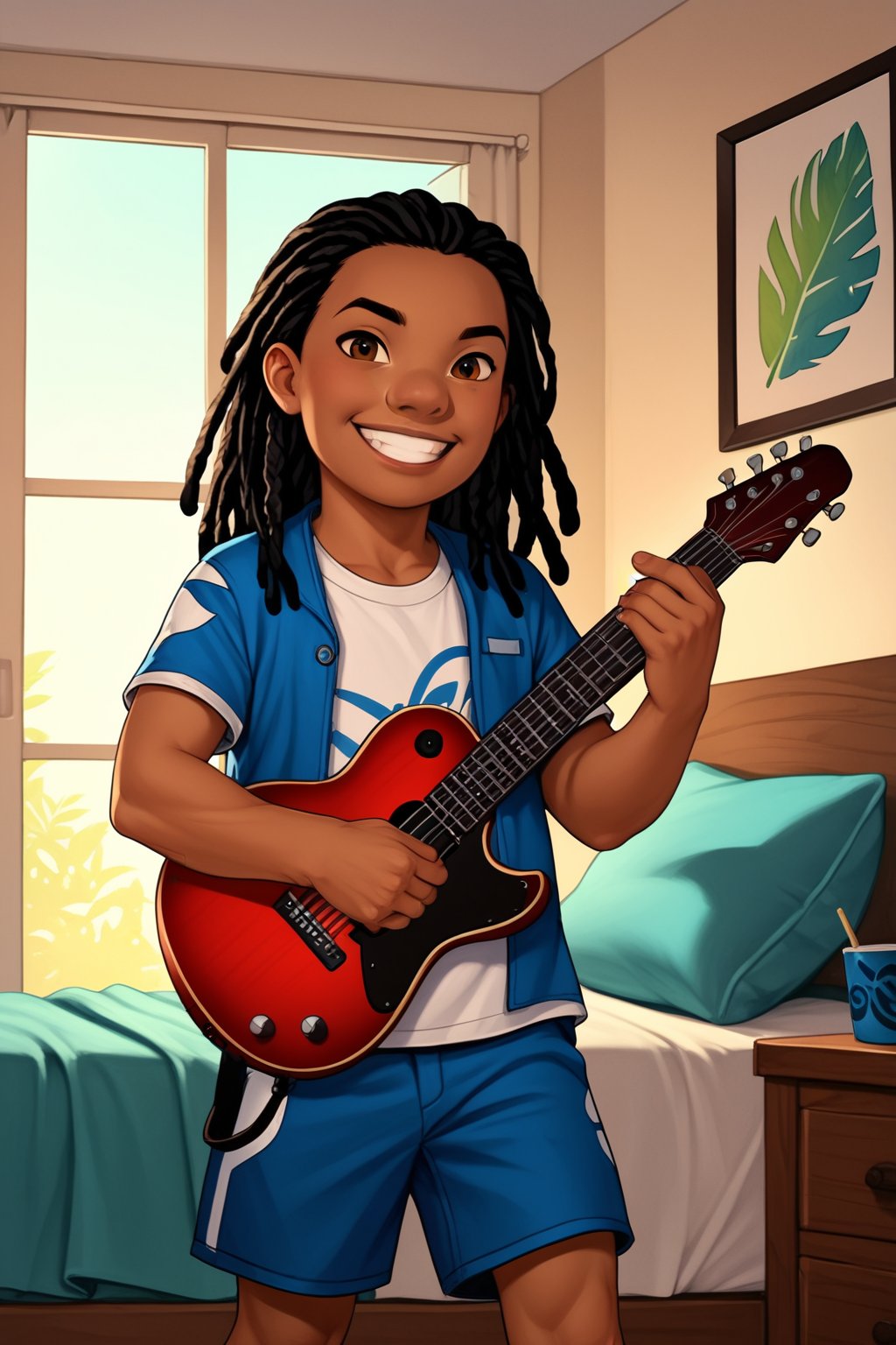 score_9, score_8_up, score_7_up, score_6_up, score_5_up, score_4_up, human, human boy, solo, blue white shirt, blue jacket, blue shorts, Guitar, Hawaii, realistic, bedroom, day, full lips, high cheekbones, 
standing, long dreadlocks, child, grin, looking at viewer,perfect finger,hand,dark skin, brown eyes, black hair, LiloLSXL