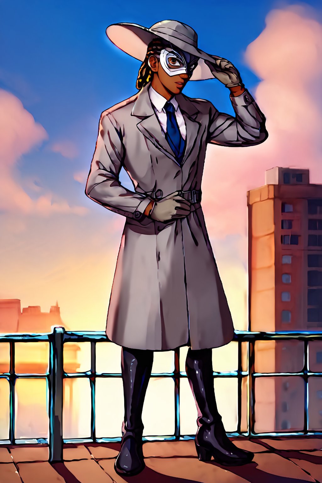 score_9, score_8_up, score_7_up, score_6_up, masterpiece, absurdres, intricate details, brown skin, brown eyes, black hair, (((dreadlocks))), (((stylish silver detective trench coat, (((silver venetian eye mask))), (((grey wide brimmed hat))), detective gloves, boots, silver cane))), fighting pose, male focus, 1boy, solo, anime coloring, purple sky, haze, cloud, building, outdoors, official style, shirt, full_body