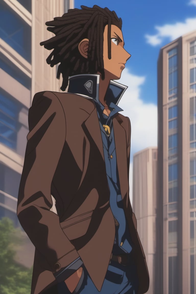 score_9, score_8_up, score_7_up, score_6_up, masterpiece, best quality, amazing quality, best aesthetic, absurdres, intricate details, detailed face,source_anime, (((dark skinned male))), brown skin, brown eyes, black hair,  (((dreadlocks))), blue jacket, male focus, 1boy, solo, anime coloring, sky, day, cloud, building, jacket, outdoors, official style, parody, school uniform, shirt, full_body,