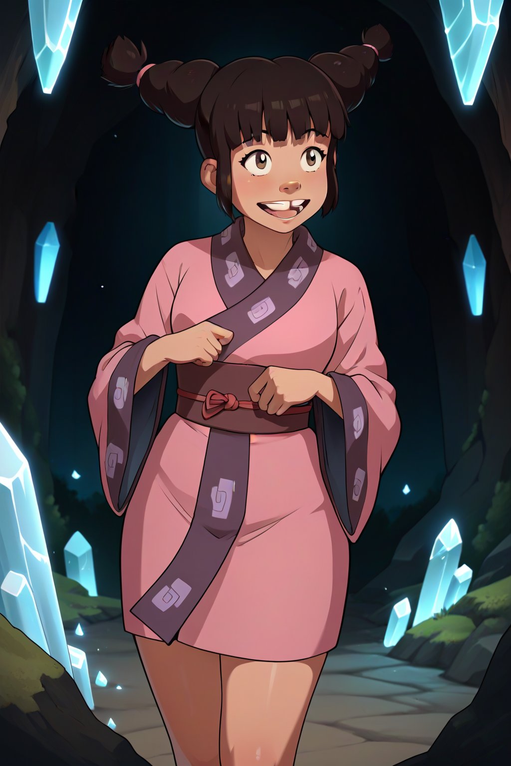 score_9, score_8_up, score_7_up, score_6_up, score_5_up, score_4_up,source_anime, 1girl,petite,Meng,buck_teeth,beige_skin,brown_eyes,kimono,sash,sexy pose,thighs,crystal cavern,1girl,Meng,masterpiece,cartoon