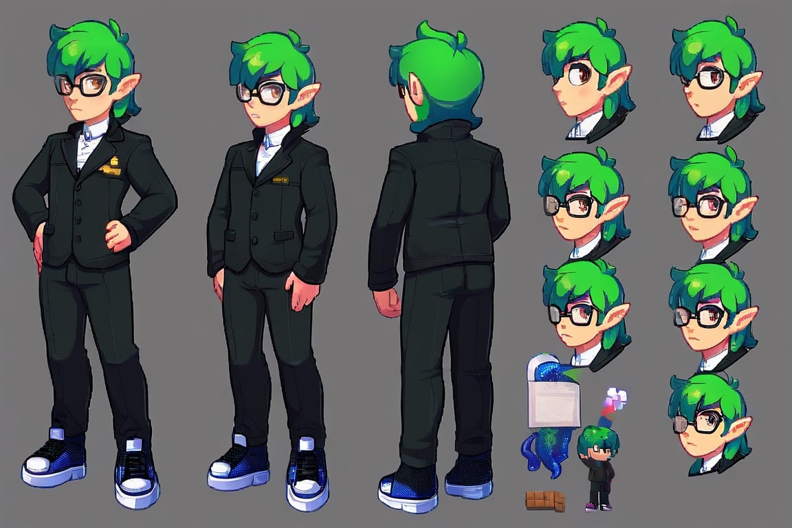 solo, looking at viewer, long sleeves, 1boy, closed mouth, standing, jacket, full body, male focus, green hair, shoes, glasses, pointy ears, pants, black footwear, black jacket, hand on hip, black pants, sneakers, tentacle hair, emblem, gakuran,octoling, octoling boy,Pixel art