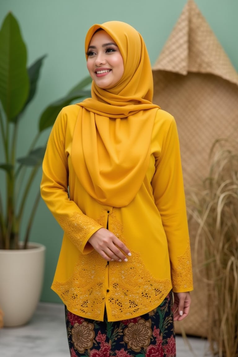 A young malay chubby women ,good looking, smooth skin, ,wearing yellow color baju kebaya kurung modern, full hijab, standing model photographer shooting, full body shots, random background place 