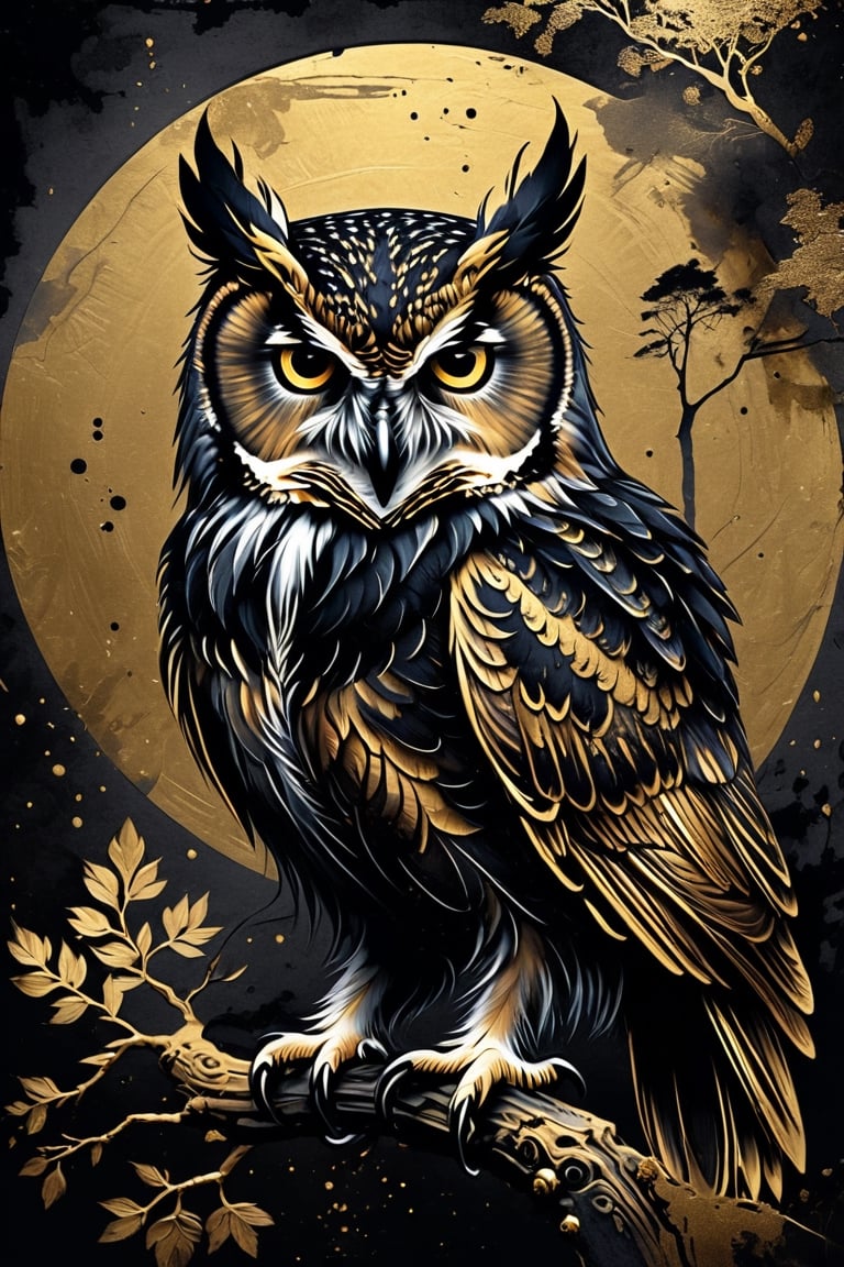 masterpiece, high quality photo, cool tone, (black simple background), (owl carved on gold),INK,ink